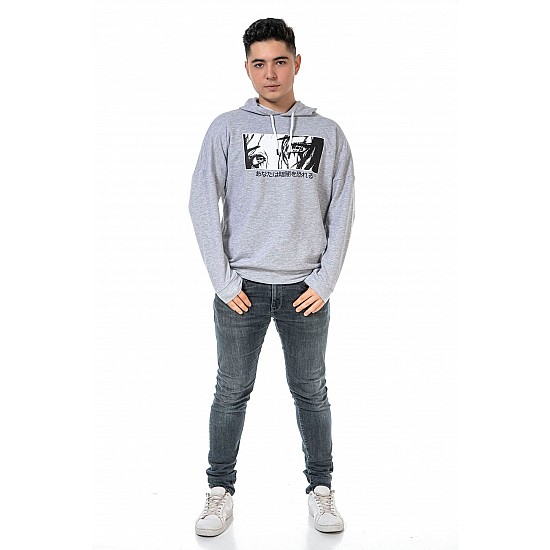 Unisex Anime Baskılı 3 Iplik Kapüşonlu Gri Renk Sevgili Kombini Sweatshirt - GRİ