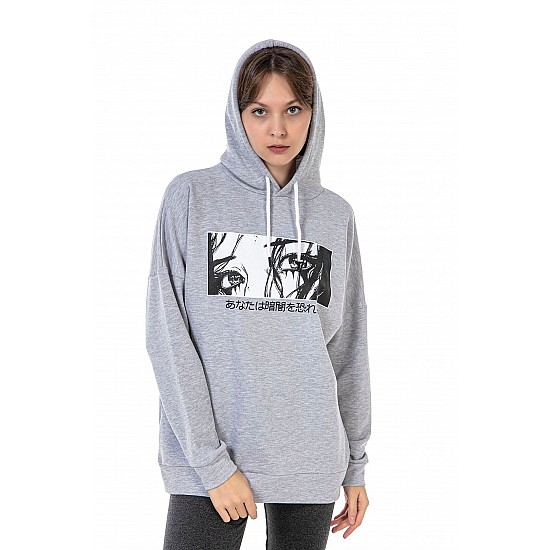 Unisex Anime Baskılı 3 Iplik Kapüşonlu Gri Renk Sevgili Kombini Sweatshirt - GRİ