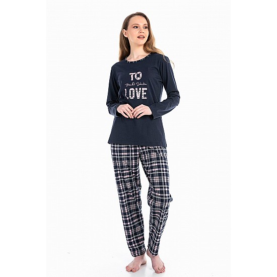 Kadın Love Yazı Baskılı %100 Pamuk Lacivert Renk Pijama Takımı - LACİVERT