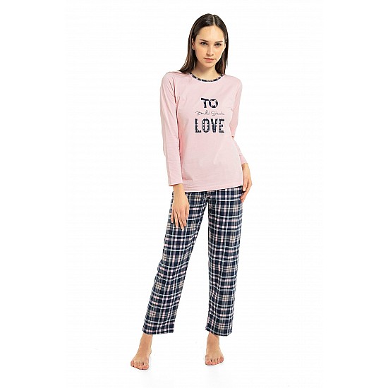 Kadın Love Yazı Baskılı %100 Pamuk Lacivert Renk Pijama Takımı - PEMBE