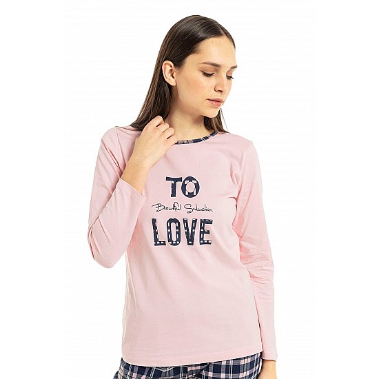 Kadın Love Yazı Baskılı %100 Pamuk Lacivert Renk Pijama Takımı - PEMBE