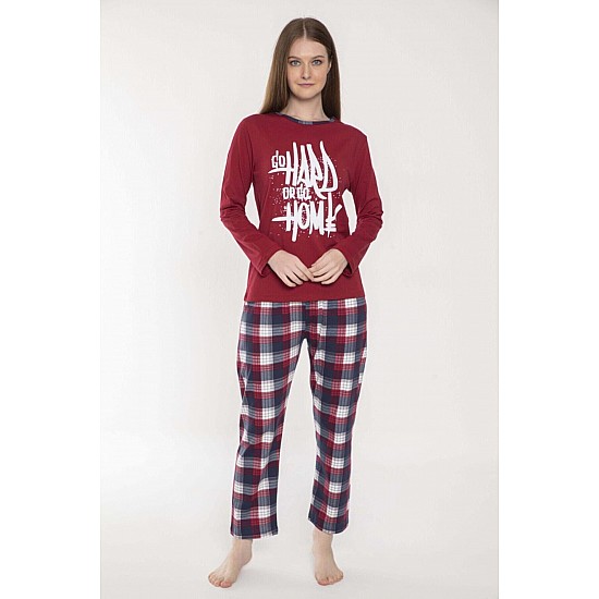 Kadın Penye Baskılı Lacivert Pijama Takımı - KIRMIZI