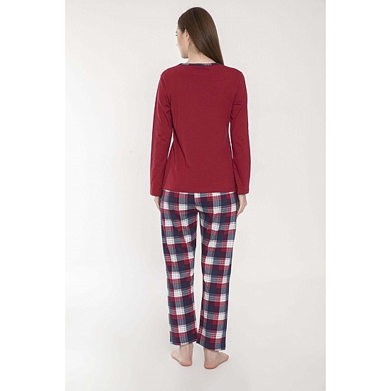 Kadın Penye Baskılı Lacivert Pijama Takımı - KIRMIZI
