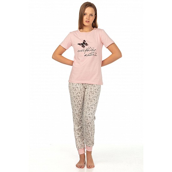 Kadın Modal Baskılı Pembe Pijama Takımı - PEMBE