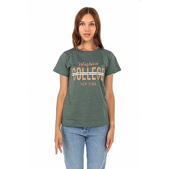 Kadın Yeşil Penye Collece Yazı Baskılı T-shirt - YEŞİL