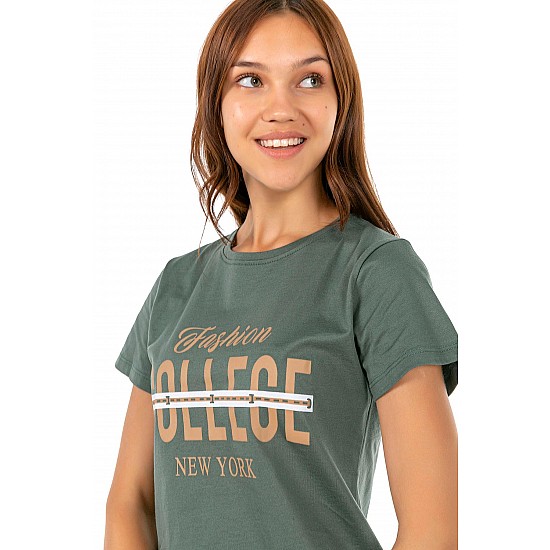 Kadın Yeşil Penye Collece Yazı Baskılı T-shirt - YEŞİL