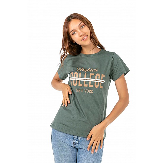 Kadın Yeşil Penye Collece Yazı Baskılı T-shirt - YEŞİL
