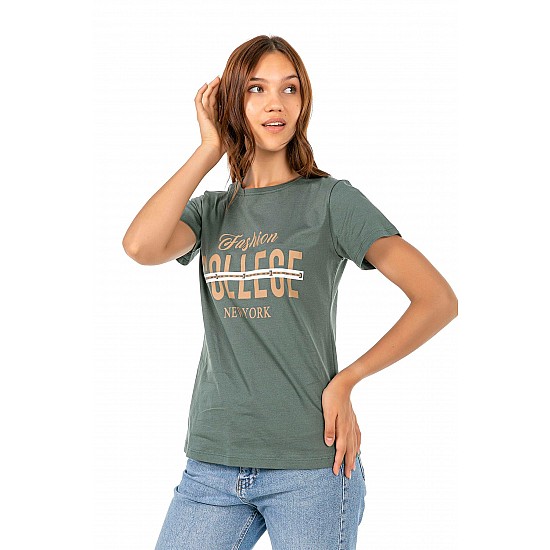 Kadın Yeşil Penye Collece Yazı Baskılı T-shirt - YEŞİL