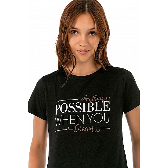 Kadın Siyah Penye Possible Yazı Baskılı T-shirt - SİYAH