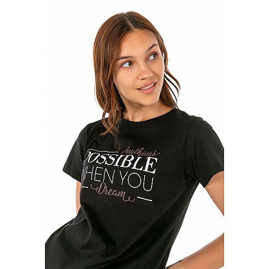 Kadın Siyah Penye Possible Yazı Baskılı T-shirt - SİYAH