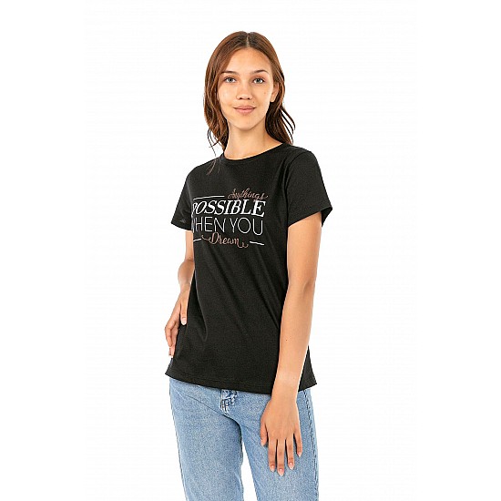 Kadın Siyah Penye Possible Yazı Baskılı T-shirt - SİYAH