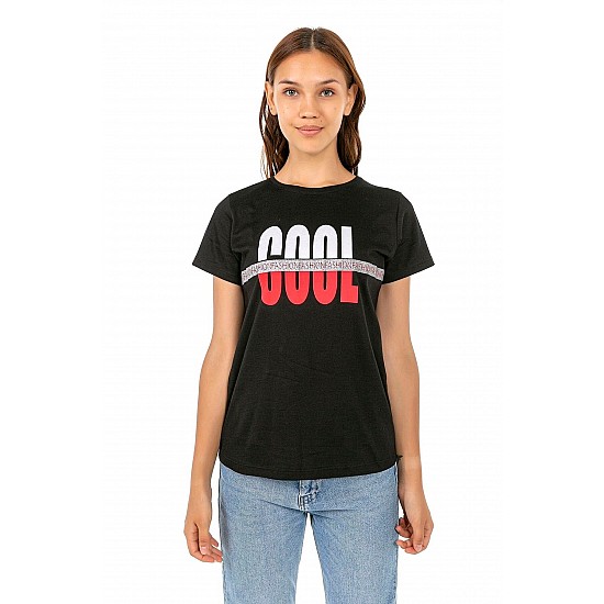 Kadın Siyah Penye Cool Yazı Baskılı T-shirt - SİYAH