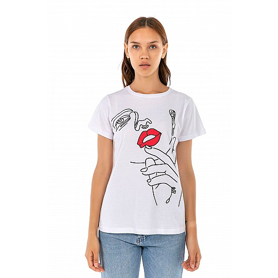 Kadın Beyaz Penye Baskılı T-shirt - BEYAZ