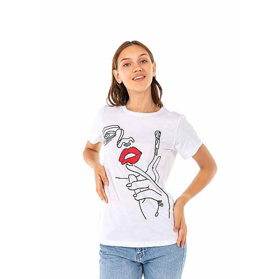 Kadın Beyaz Penye Baskılı T-shirt - BEYAZ