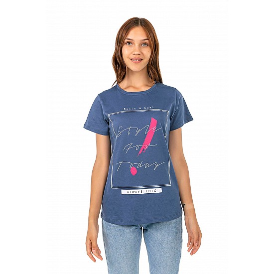Kadın Mavi Penye Yazı Baskılı T-shirt - MAVİ