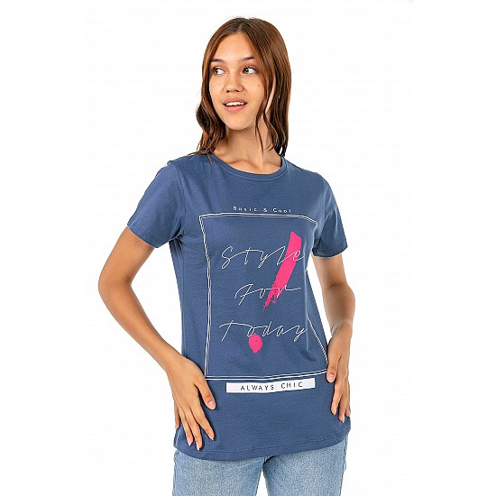 Kadın Mavi Penye Yazı Baskılı T-shirt - MAVİ