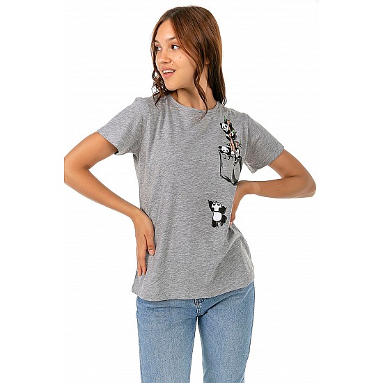 Kadın Gri Penye Panda Baskılı T-shirt - GRİ