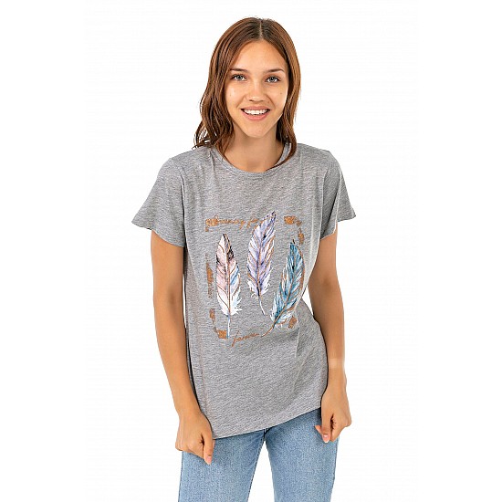 Kadın Gri Penye Yaprak Baskılı T-shirt - GRİ