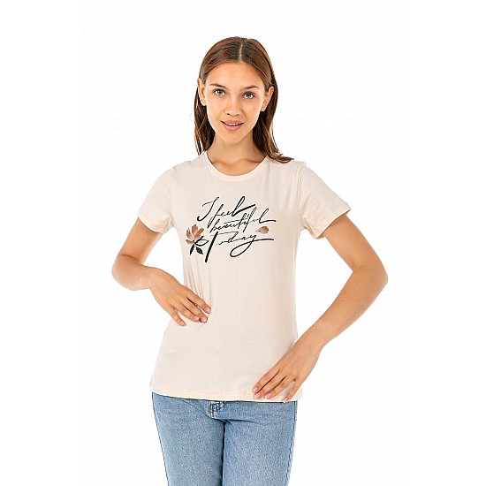 Kadın Bej Penye Yazı Baskılı T-shirt - BEJ