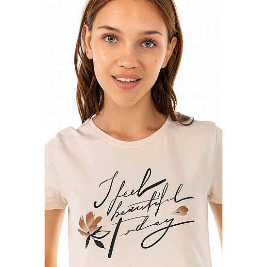 Kadın Bej Penye Yazı Baskılı T-shirt - BEJ