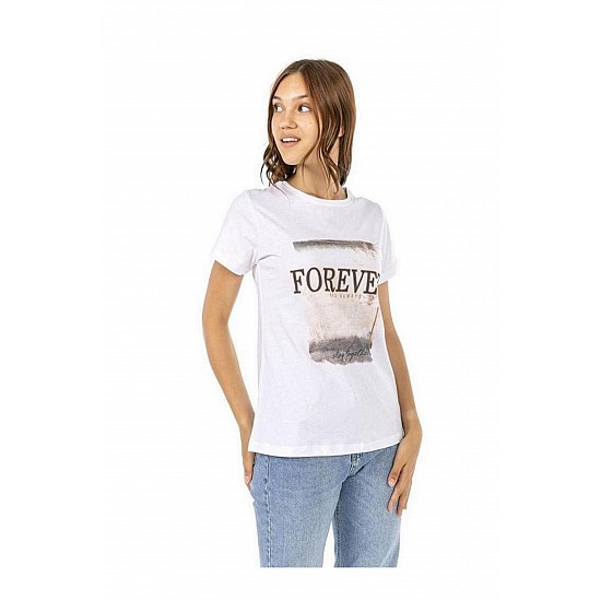Vish Kadın Beyaz Penye Forever Yazı Baskılı T-shirt - Karışık