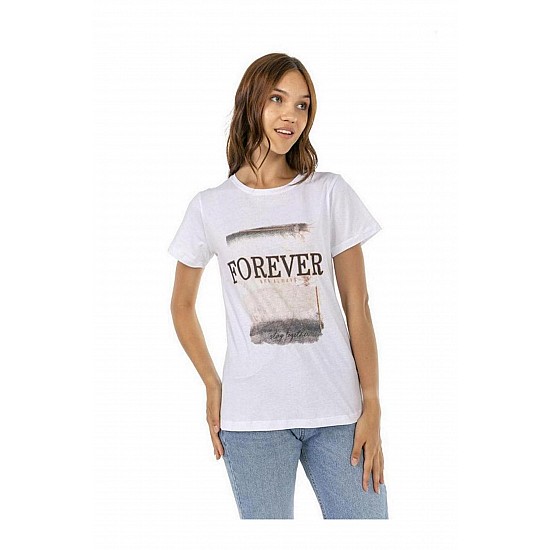 Vish Kadın Beyaz Penye Forever Yazı Baskılı T-shirt - Karışık