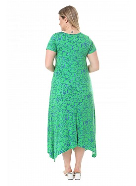 Kadın Yeşil Çiçek Desen Asimetrik Kesim Kısa Kol Elbise - YEŞİL