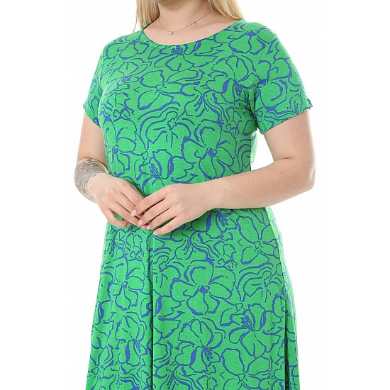 Kadın Yeşil Çiçek Desen Asimetrik Kesim Kısa Kol Elbise - YEŞİL