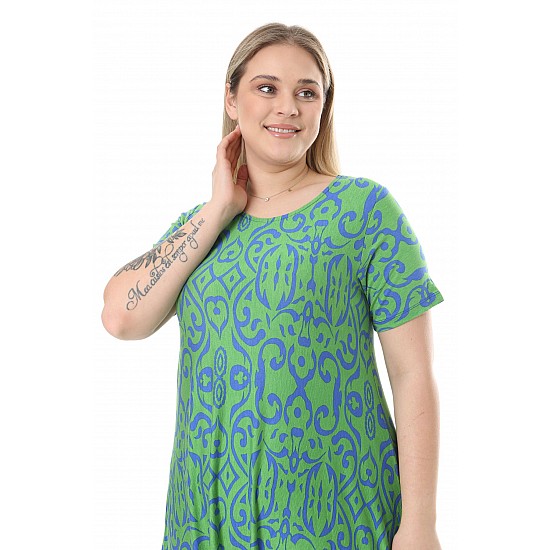 Kadın Yeşil Desenli Asimetrik Kesim Kısa Kol Elbise - YEŞİL