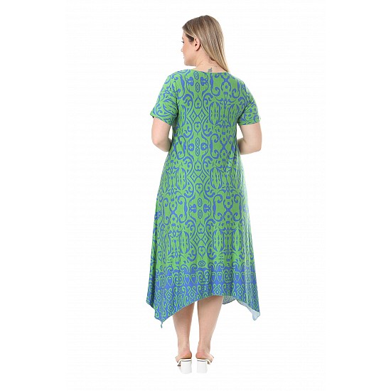 Kadın Yeşil Desenli Asimetrik Kesim Kısa Kol Elbise - YEŞİL