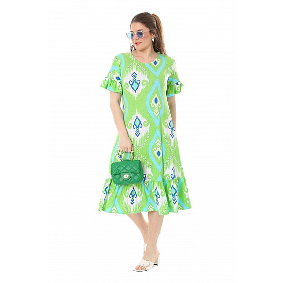 Kadın Büyük Beden Fırfırlı Cepli Kısa Kol Yeşil Motif Desenli Midi Elbise - YEŞİL