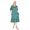 Kadın Büyük Beden Kısa Kol Yeşil Eteği Fırfırlı Kilim Desen Midi Elbise - YEŞİL