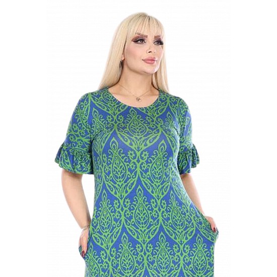 Kadın Büyük Beden Kısa Kol Yeşil Eteği Fırfırlı Kilim Desen Midi Elbise - YEŞİL