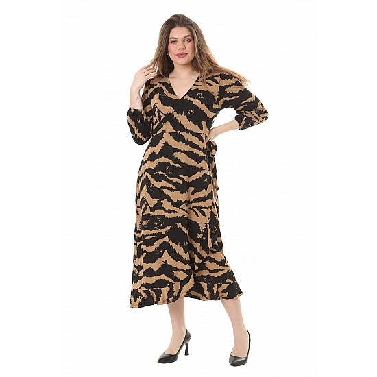 Kadın Büyük Beden Siyah Kruvaze Yaka Uzun Kol Zebra Desen Anvelop Elbise - SİYAH