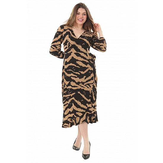 Kadın Büyük Beden Siyah Kruvaze Yaka Uzun Kol Zebra Desen Anvelop Elbise - SİYAH