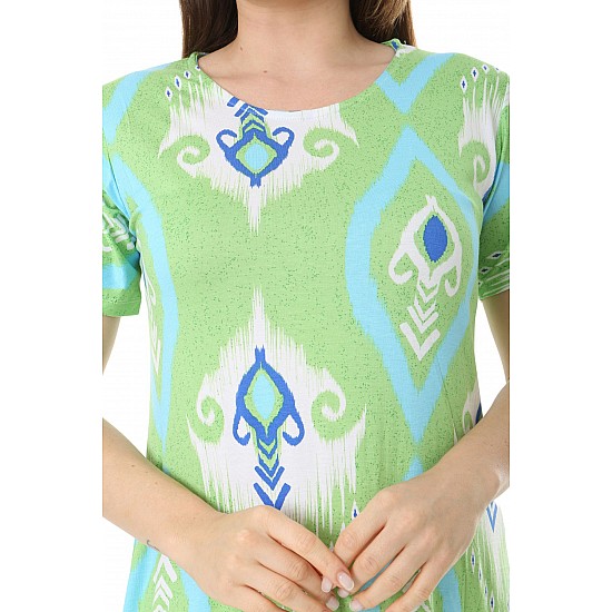 Kadın Büyük Beden Kısa Kol Yeşil Motif Desenli Midi Elbise - YEŞİL
