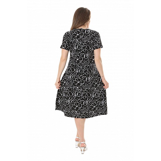 Kadın Büyük Beden Kısa Kol Siyah Çiçek Desenli Midi Elbise - SİYAH