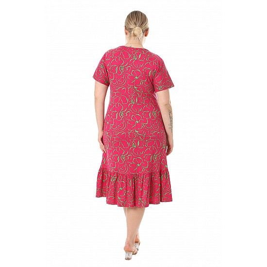 Kadın Vizon Çiçek Desen V yaka Kısa Kol Fırfırlı Robalı Elbise - fuşya