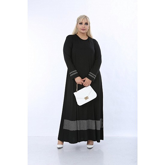Kadın Siyah Eteği Kazayağı Şerit Detaylı Tesettür Elbise Standart Kalıp 44-52 Beden Uyumlu - SİYAH
