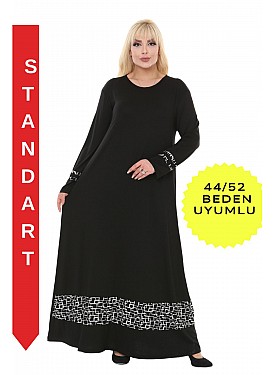 Kadın Siyah Eteği Zincir Şerit Detaylı Uzun Kol Tesettür Elbise 44-52 Beden Aralığı - SİYAH