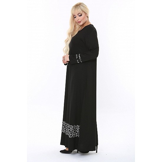 Kadın Siyah Eteği Zincir Şerit Detaylı Uzun Kol Tesettür Elbise 44-52 Beden Aralığı - SİYAH