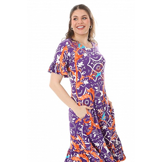 Kadın Kısa Kol Eteği Fırfırlı Mor Retro Desen Büyük Beden Elbise - MOR