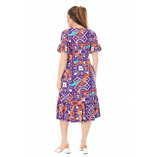 Kadın Kısa Kol Eteği Fırfırlı Mor Retro Desen Büyük Beden Elbise - MOR