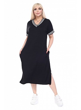 Kadın Büyük Beden Kısa Kollu Siyah Yakası Şeritli V Yaka Viskon Elbise - SİYAH