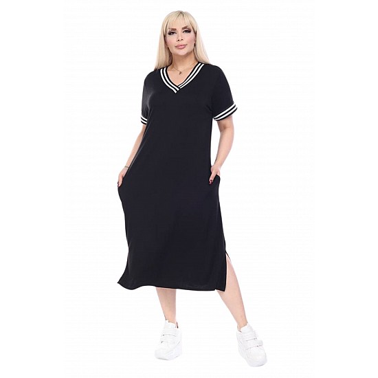 Kadın Büyük Beden Kısa Kollu Siyah Yakası Şeritli V Yaka Viskon Elbise - SİYAH