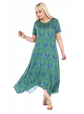Kadın Yeşil Kısa Kol Kilim Desenli Asimetrik Kesim Büyük Beden Elbise - YEŞİL