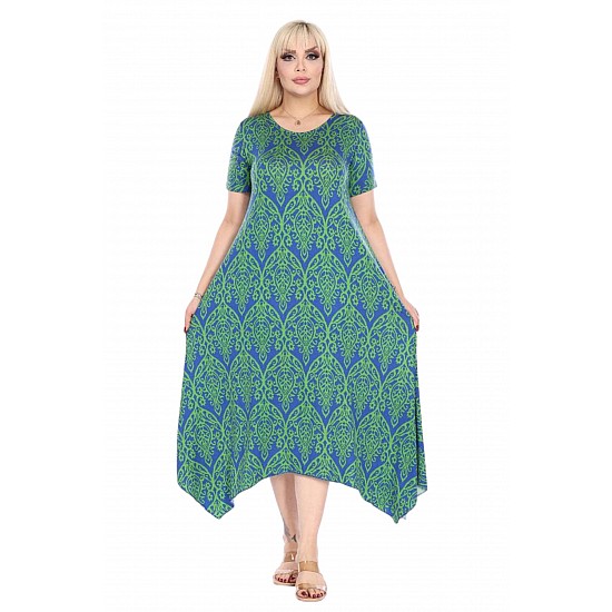 Kadın Yeşil Kısa Kol Kilim Desenli Asimetrik Kesim Büyük Beden Elbise - YEŞİL