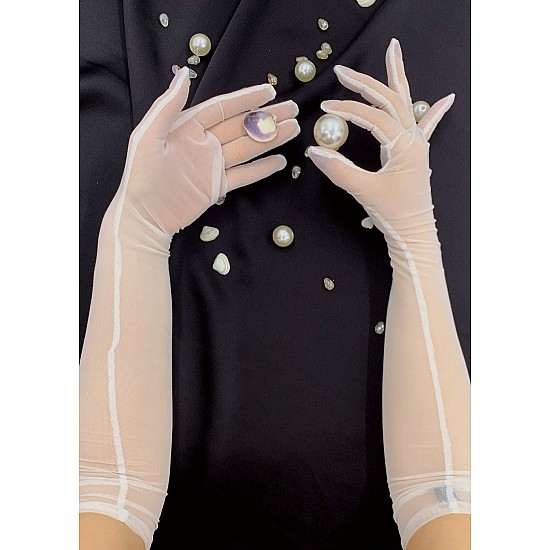 Özel tasarım nikah & düğün için uzun, likralı, tül gelin eldiveni - BEYAZ