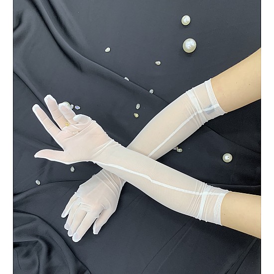 Specially designed long, lycra, tulle bridal gloves for weddings - WHITE
