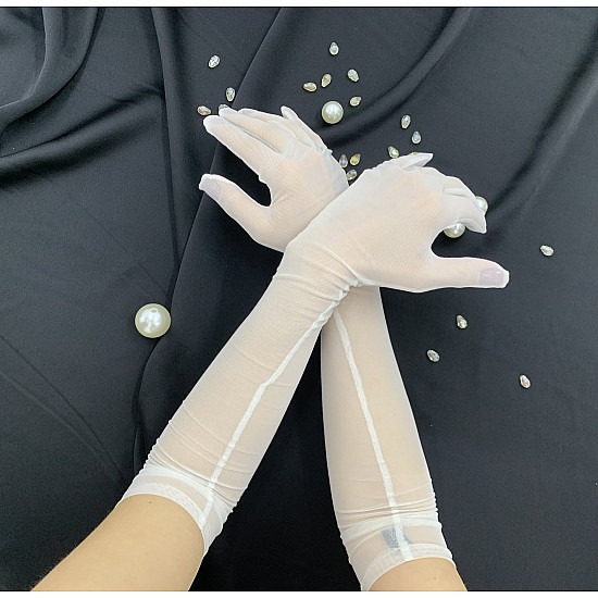 Специально разработанные длинные свадебные перчатки из лайкры и тюля для свадеб - БЕЛЫЕ.